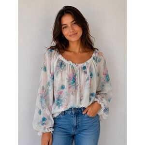 Le Ragazze Italy Silk Watercolor Floral Off Shoulder Blouse Luxury Fairy Girly
